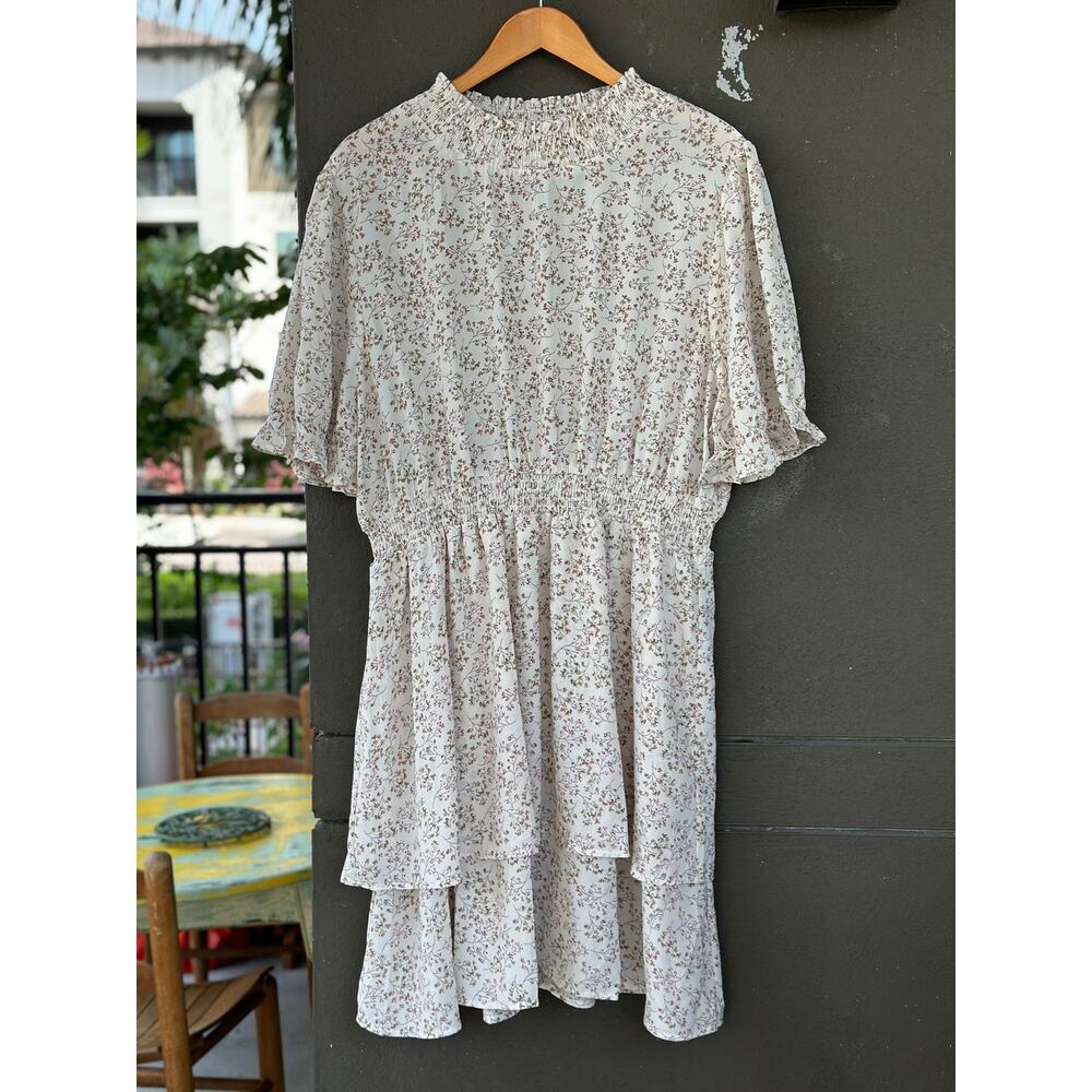 Hayden Los Angeles 1XL White Floral Smock Waist Mini Dress Lined Ruffle HighNeck - Picture 5 of 11